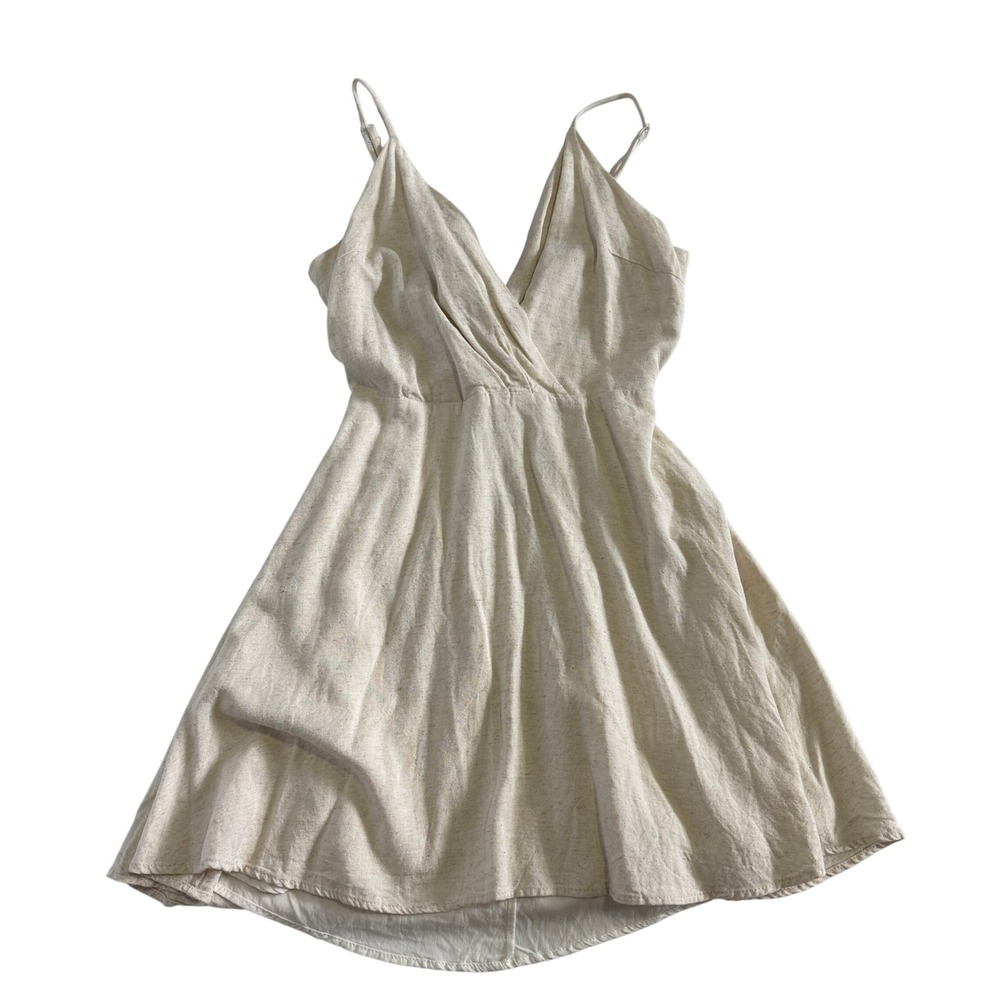 Lulus Womens Small Oatmeal Beige Linen Blend Tie Back Cutout Mini Dress V-Neck